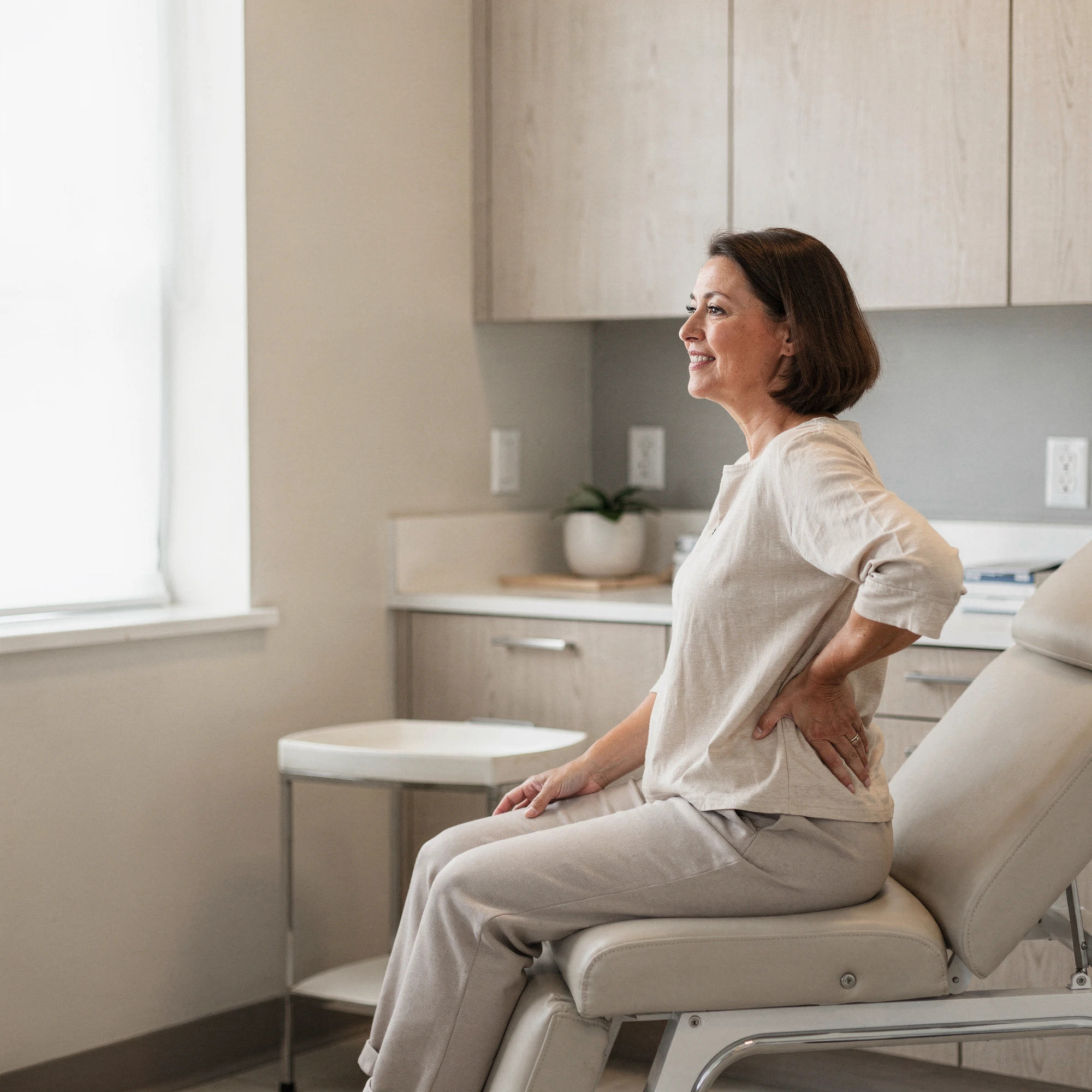 Woman experiencing lower back pain while seated in a medical examination room